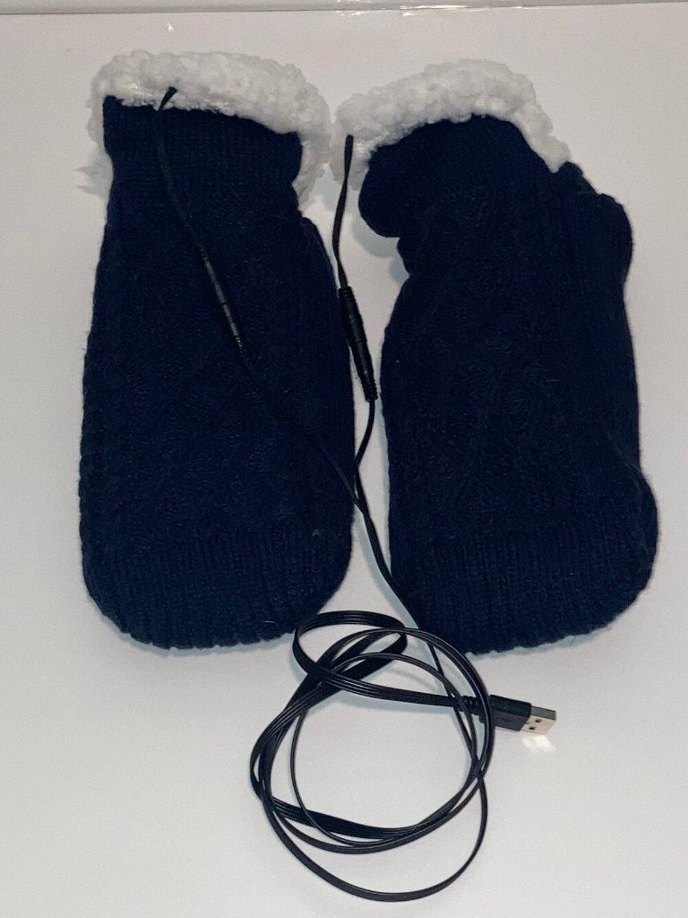 USB Electric Heated Slipper Socks Navy Blue Knit Sherpa Trim Booties Working